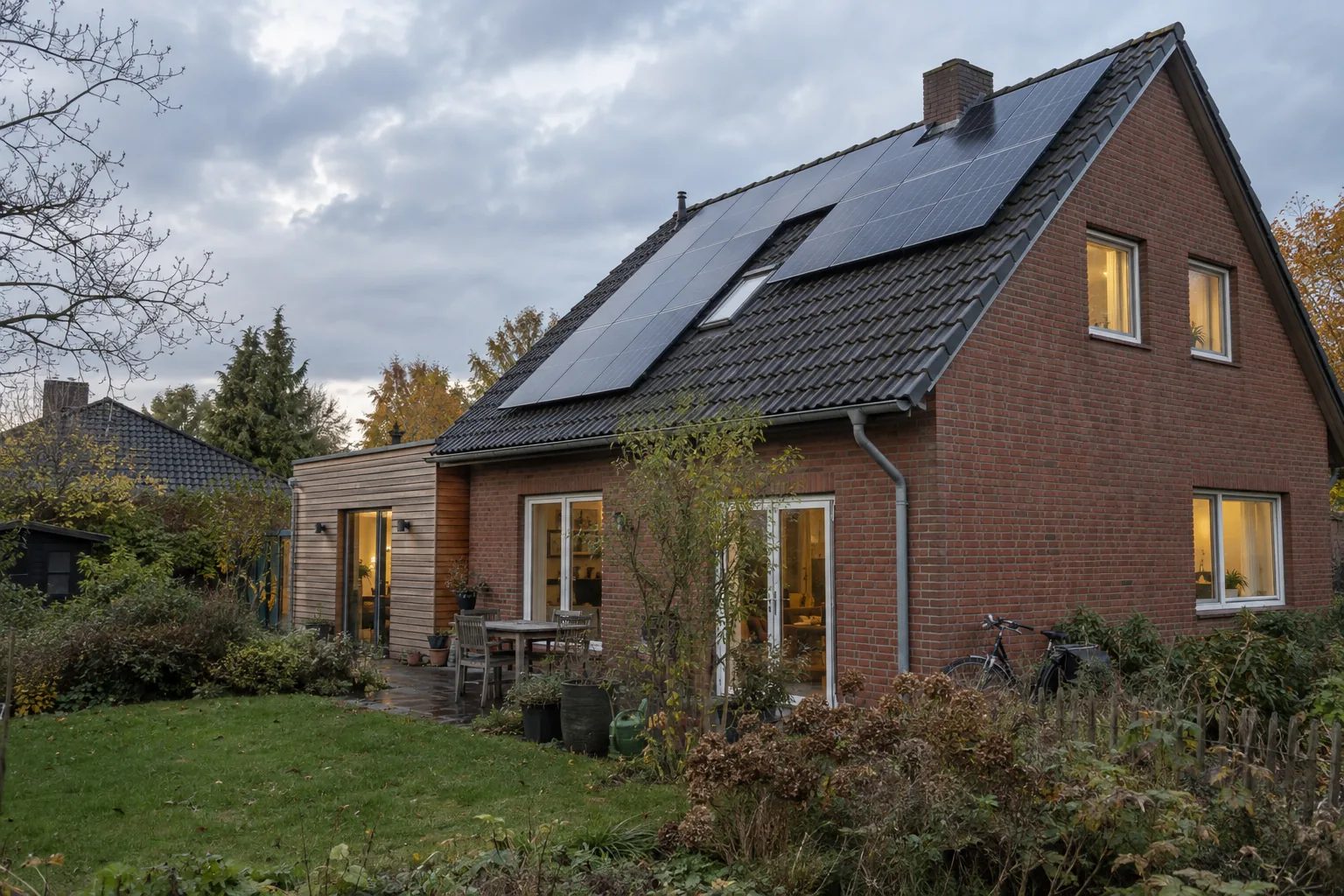 Modernisiertes Backsteinhaus mit Photovoltaikanlage in einem gewachsenen Garten
