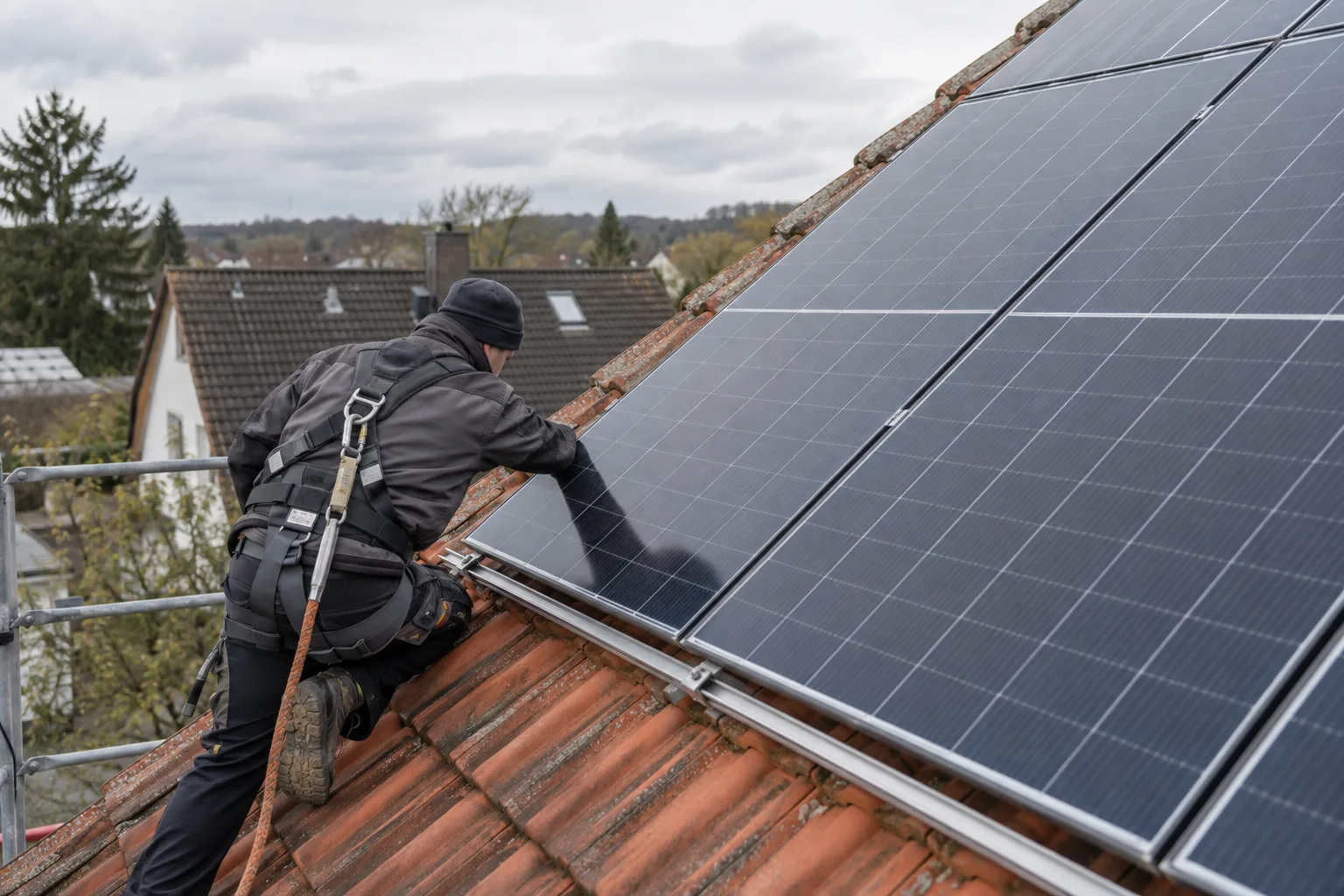 Fachkraft prüft eine Photovoltaikanlage auf einem Bestandsdach